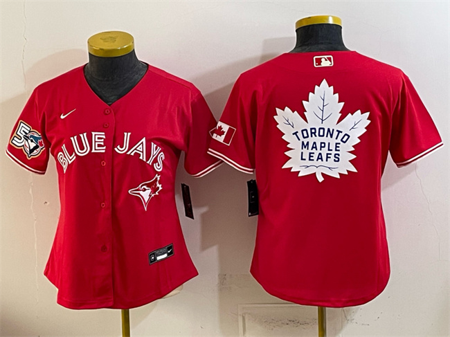 Youth Toronto Blue Jays & Leafs Red With White Leafs Logo 50 Seasons Patch Stitched Baseball Jersey Youth Toronto Blue Jays & Leafs Red With White Leafs Logo 50 Seasons Patch Stitched Baseball Jersey